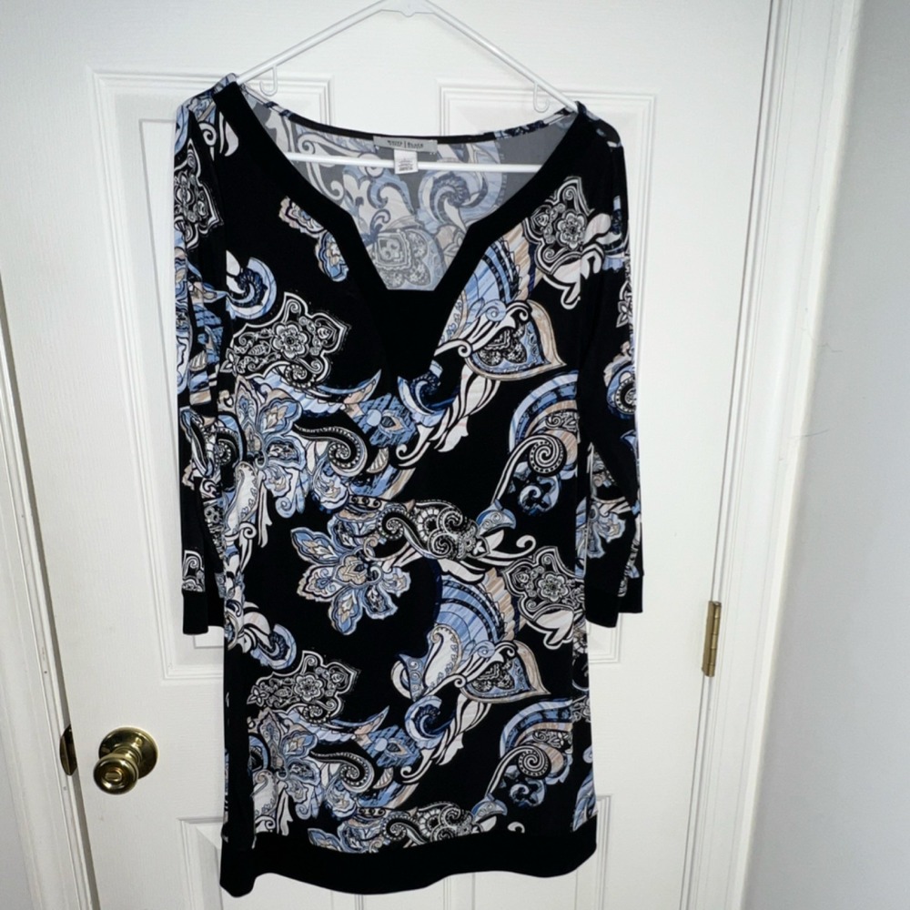 White House Black Market Paisley V-Neck 3/4 Sleeve Tunic Dress Black Blue Large